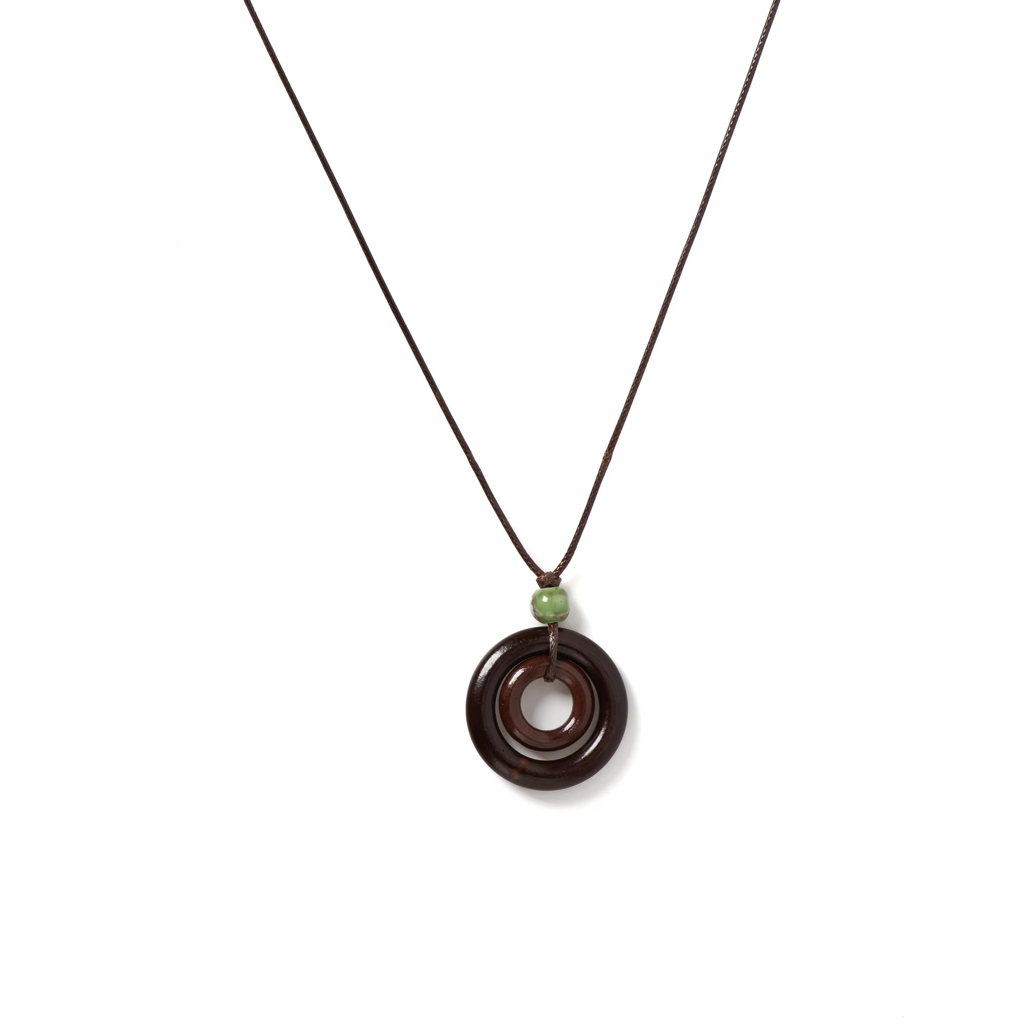 Handmade Wooden Circle Ceramic Pendant Necklace Adjustable Cord Unique Bohemian Jewelry for Men and Women 1 Piece S001160